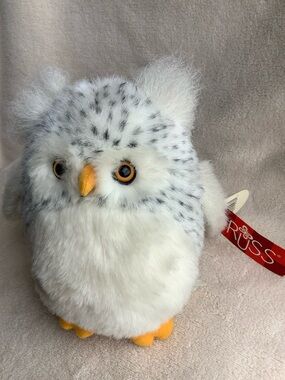 Russ White and Gray Spotted Plush Snowy Owl with Orange Beak and Feet